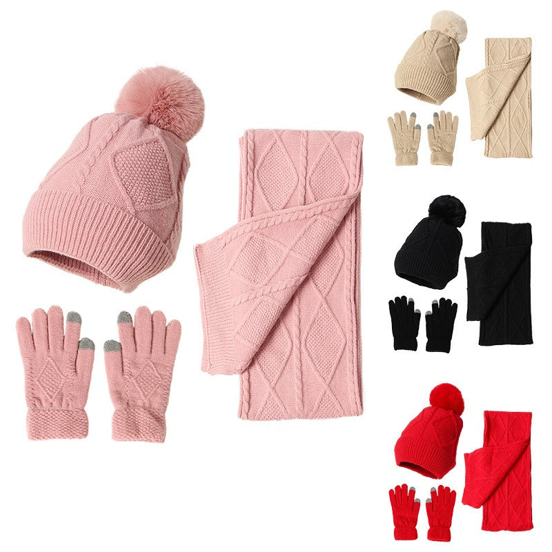 Autumn and Winter Woolen Hat, Scarf, and Gloves Set