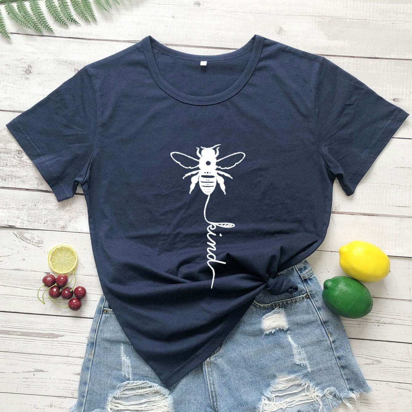 Cotton T Shirt Bee Kind Print Women Short Sleeve O Neck Loose Tshirt Summer Tee Shirt Tops