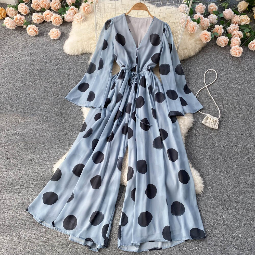 Tingfly Women France Chi Polka Dot Print Bohemian Casual Wide Leg Trousers Jumpsuits Chiffon Summer Boho Beach Style Overalls