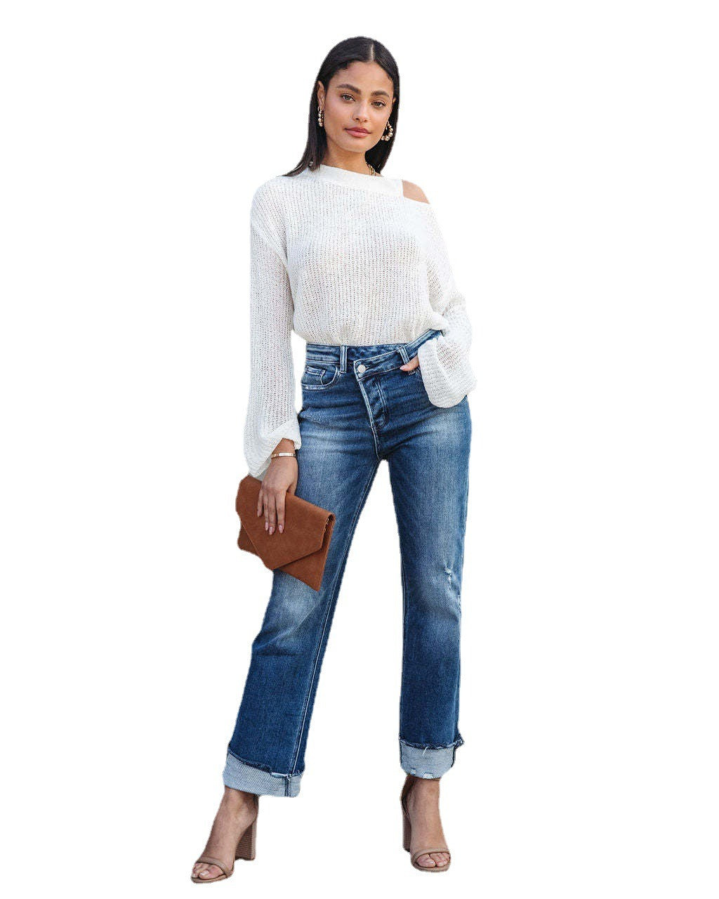 Jeans mit hoher Taille und Knopfleiste, gerade Beinform, Damenmode, urbane Freizeithose für Pendler, Jeanshose mit Löchern, waschbar