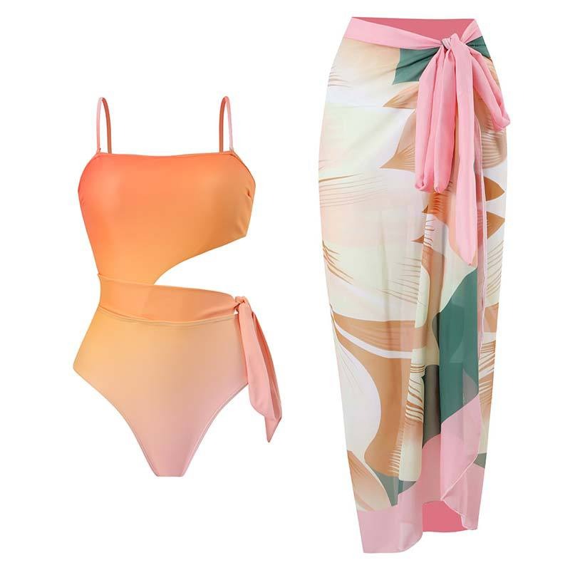 Gradient Print Fashion Swimsuit Set Cover Up Biquini Naranja Swimwear With Skirt Patchwork Women's Bandage Summer Beach