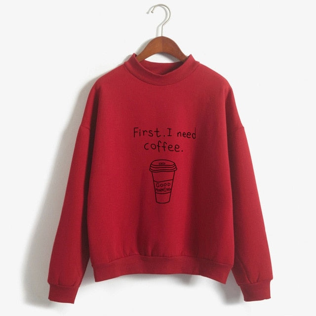 Herbst Winter Frauen Harajuku Hoodies Kawaii I Need Coffee Brief Drucken Sweatshirt Langarm Rollkragen Fleece Mädchen Pullover