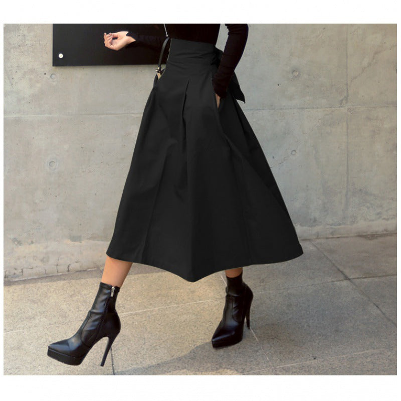 Skirts Womens Korean Fashion Solid Color Big Swing Ladies Skirt Long Skirt  Autumn Wild High Waist Bow Slim Skirts