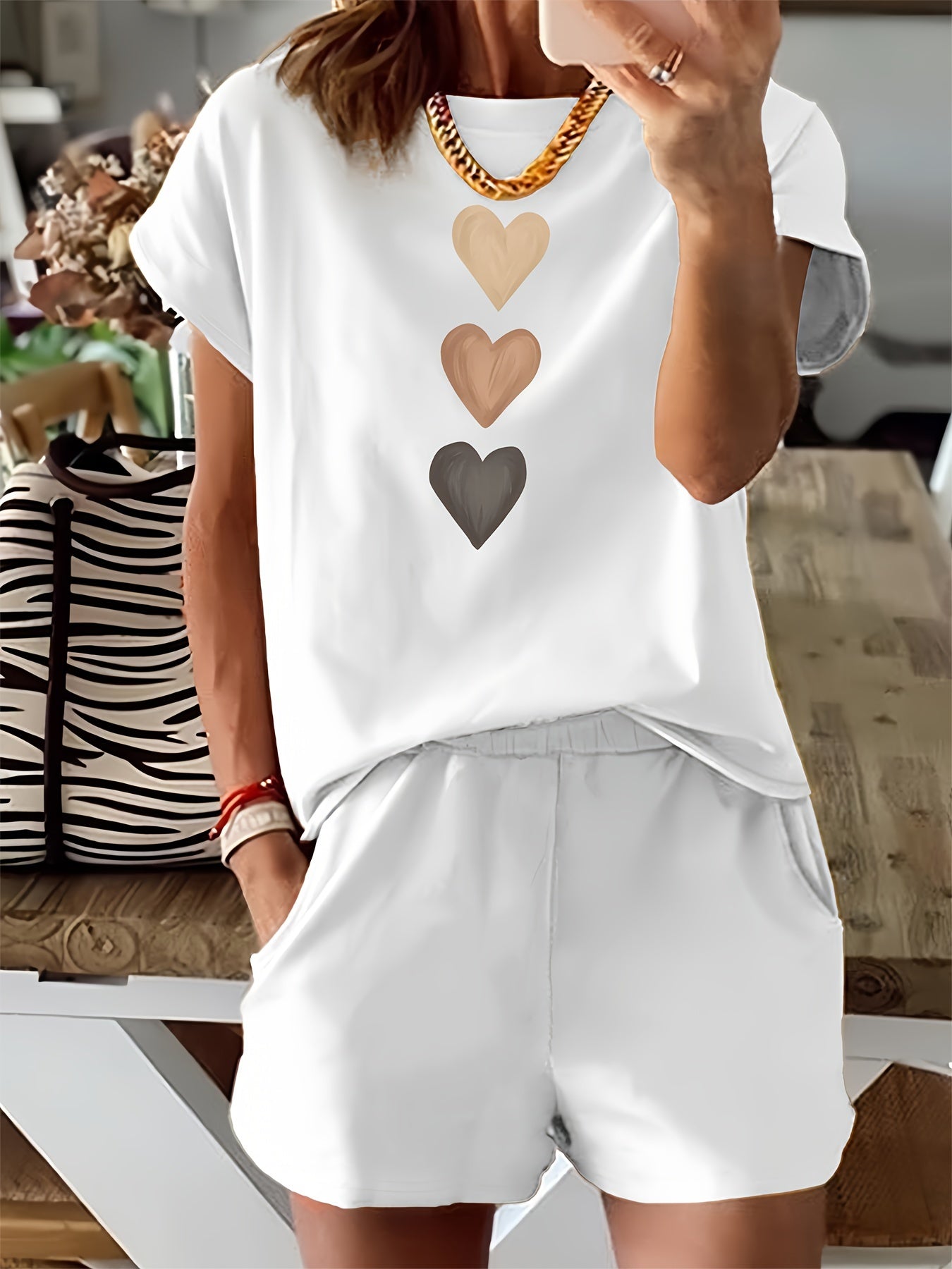 Heart Print Casual Two Piece Set, Crew Neck Short Sleeve T-shirt & Elastic Waist Slant Pocket Shorts Outfits, Women's Clothing