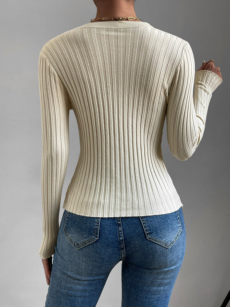 Herbst Damen Pullover V-Ausschnitt Kreuzknoten Langarm Top Slim Fit Bequeme geteilte einfarbige Strickmode