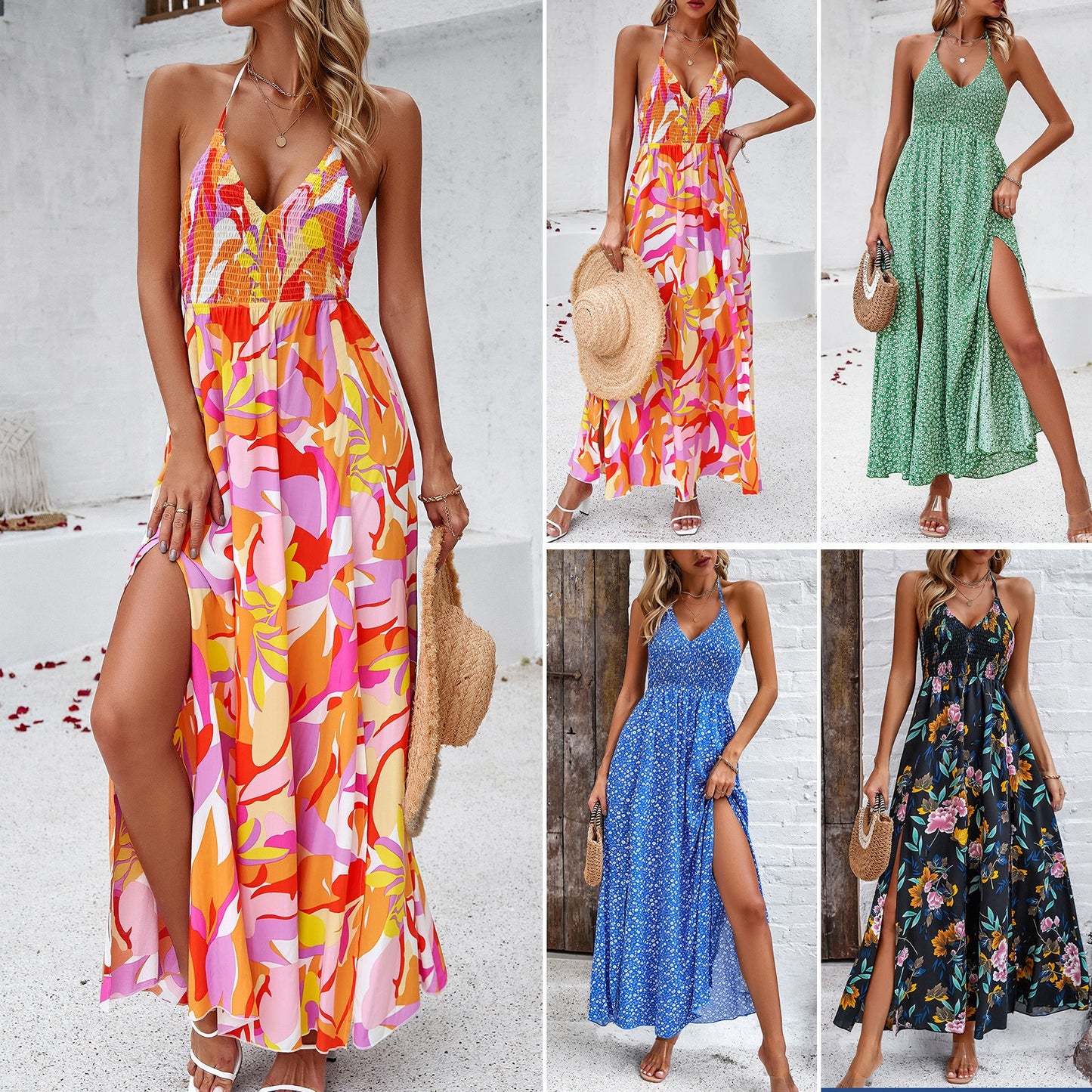 Kleid Frühling Sommer Freizeit Urlaub Print Neckholderkleid