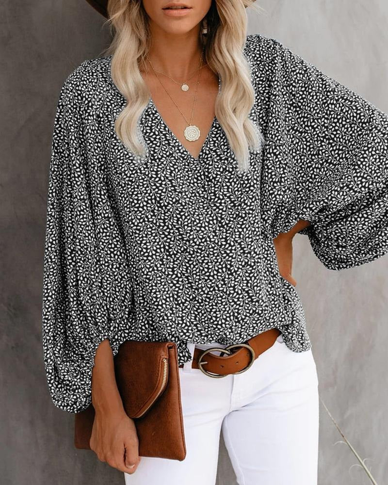 New autumn V-neck casual shirt with printed lantern sleeves for women's clothing