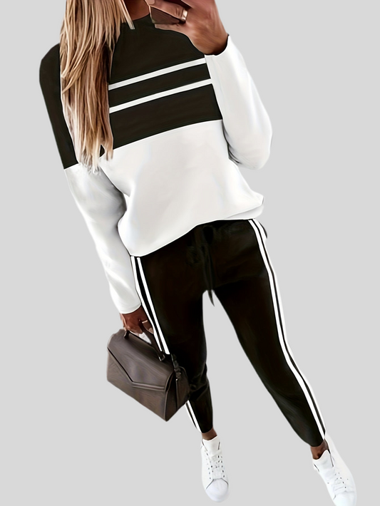 Casual Color Block Two-piece Set, Striped Long Sleeve Top & Drawstring Pants Outfits, Women's Clothing