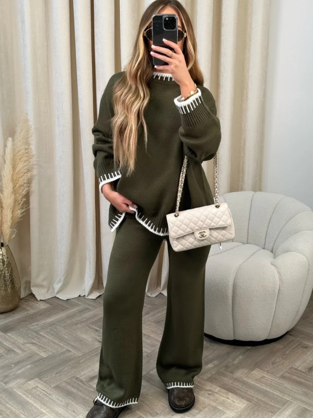 Fashionable solid color casual loose two piece set for women