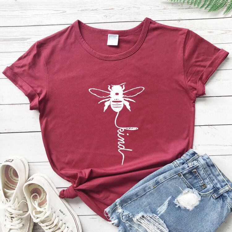 Cotton T Shirt Bee Kind Print Women Short Sleeve O Neck Loose Tshirt Summer Tee Shirt Tops