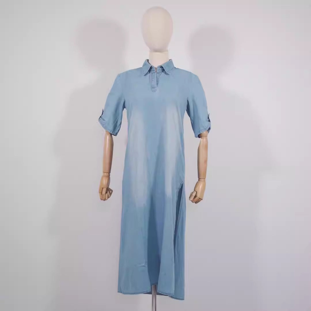 Lässiges Damen-Kleid mit Revers, Vintage-Sommer, seitlicher Schlitz am Saum, lockeres langes Jeanskleid