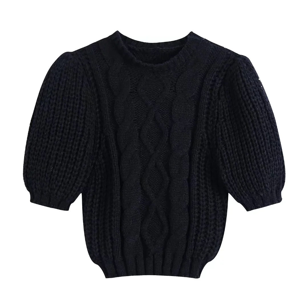 Winter New Style Simple Gentle Round Neck Bubble Sleeve Fried Dough Twist Solid Color Knitwear Women