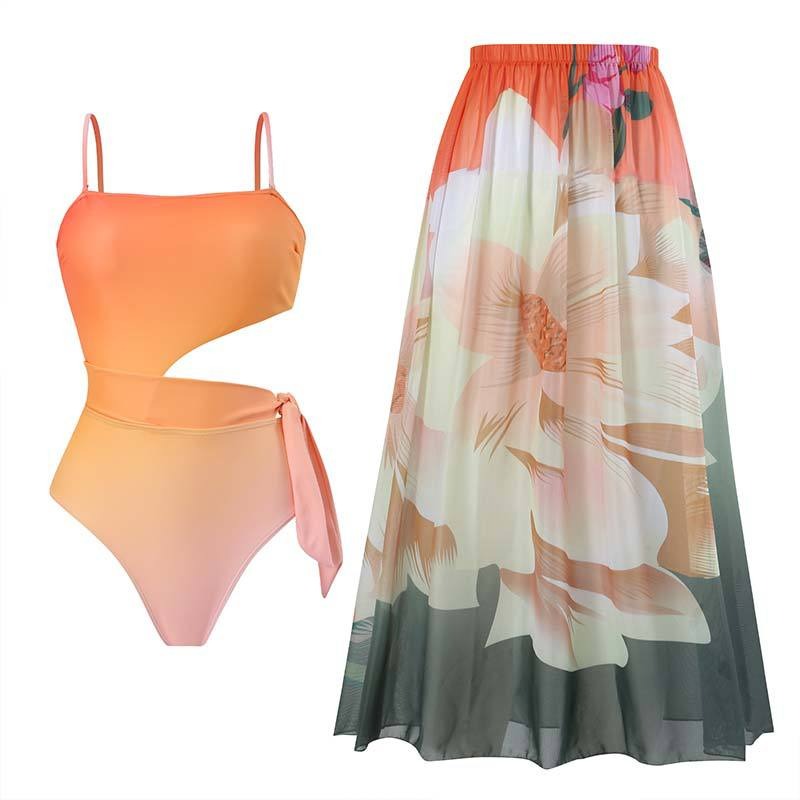 Gradient Print Fashion Swimsuit Set Cover Up Biquini Naranja Swimwear With Skirt Patchwork Women's Bandage Summer Beach