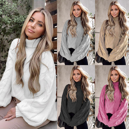 Winter Women's Horn Sleeve Sleeve Sleeved Sweater Europe and America Large Size High Neck Fried Dough Twists Sweater