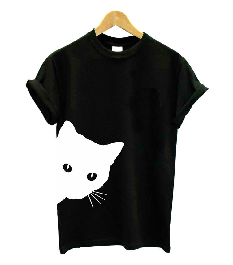 T-Shirt mit Aufschrift „Cat Looking Out Side“, lustiges Damen-Baumwoll-Casual-Top-T-Shirt