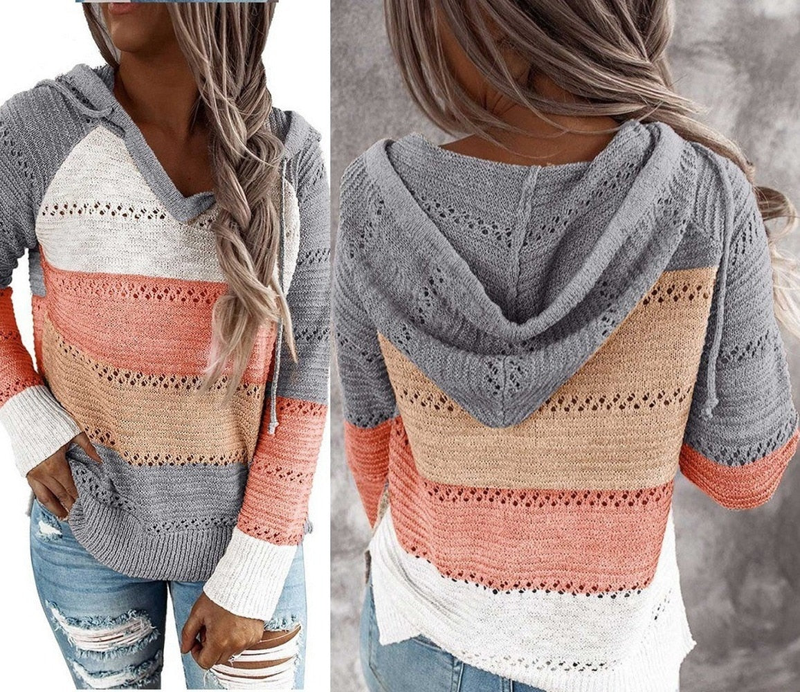 Autumn Winter Sweaters Women Hollow Long Sleeve Sweater Hoodie Tops V Neck Patchwork Casual Knitted Elegant Pullover Jumper