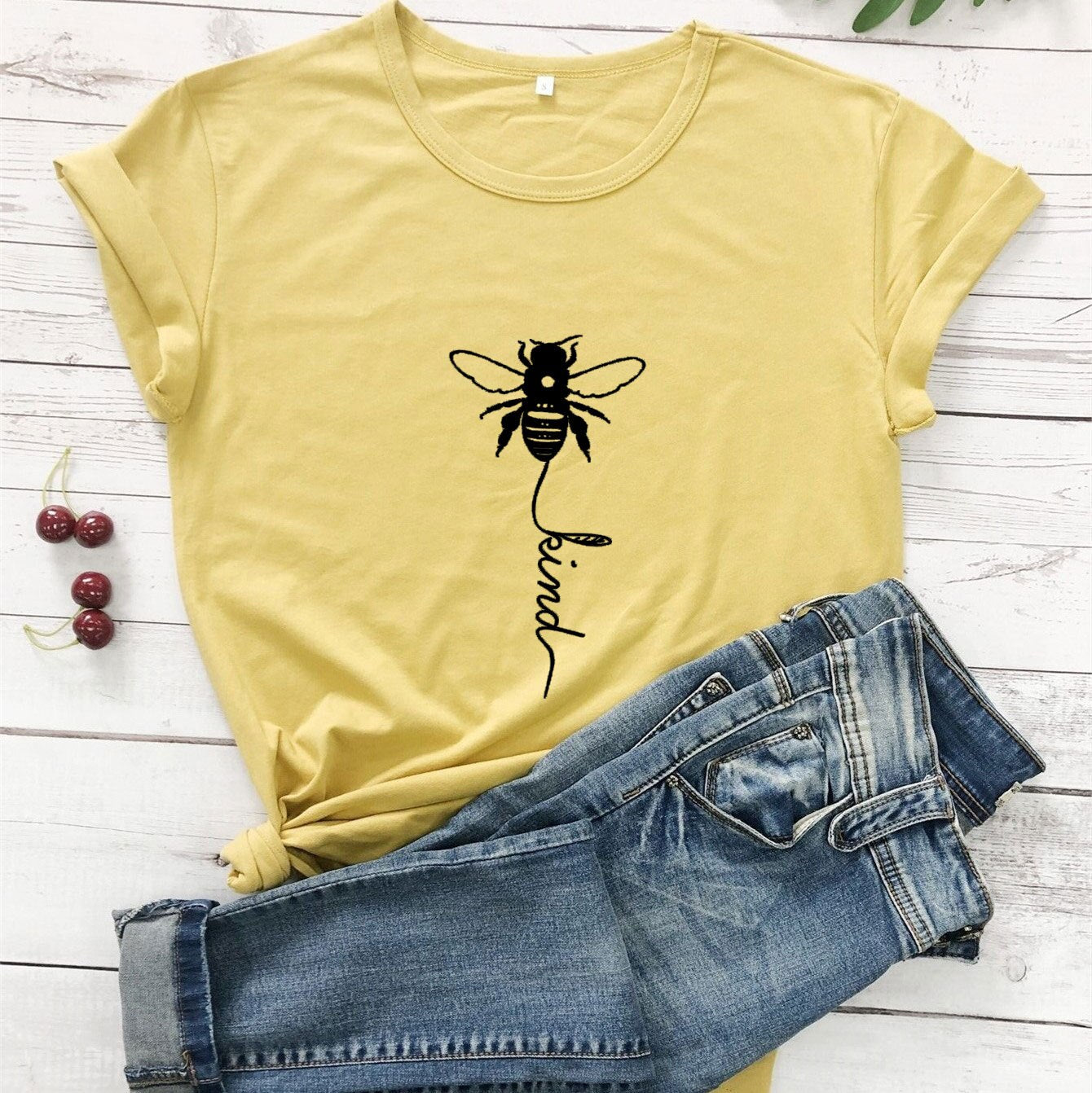 Cotton T Shirt Bee Kind Print Women Short Sleeve O Neck Loose Tshirt Summer Tee Shirt Tops