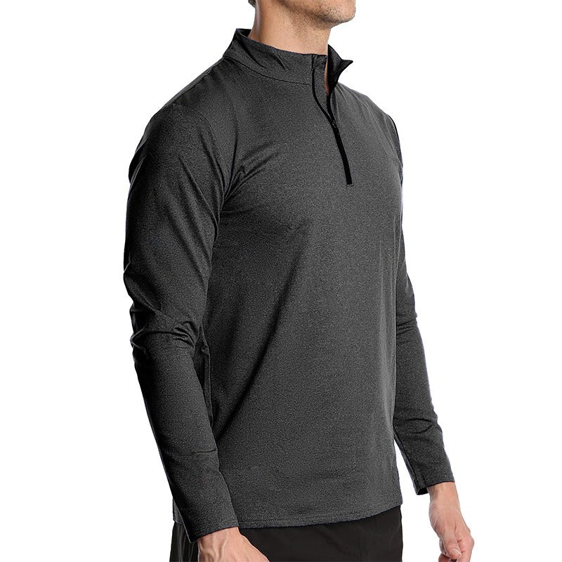 Langärmeliges, schnelltrocknendes Sport-Laufpullover für Herren, halber Reißverschluss, einfarbig, atmungsaktiv 