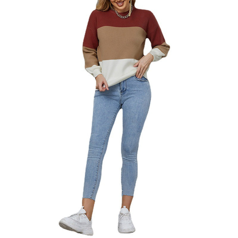 Autumn Women's New Fashion Color Contrast Splice Slim Round Neck Long Sleeve Slim Knitted Sweater