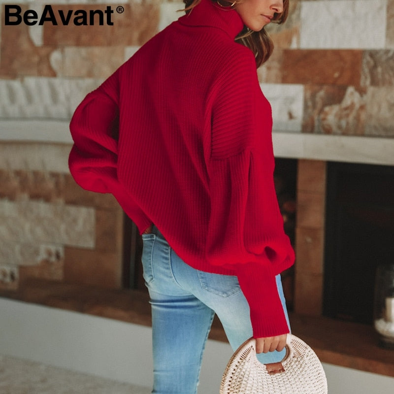 Turtleneck red winter sweater women knit Lantern sleeve white sweater female Loose oversized pullover knitted jumper