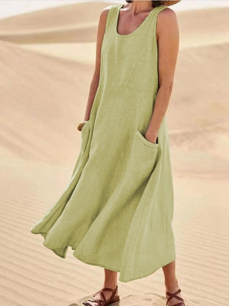 Pocket sleeveless round neck women's cotton and linen dress