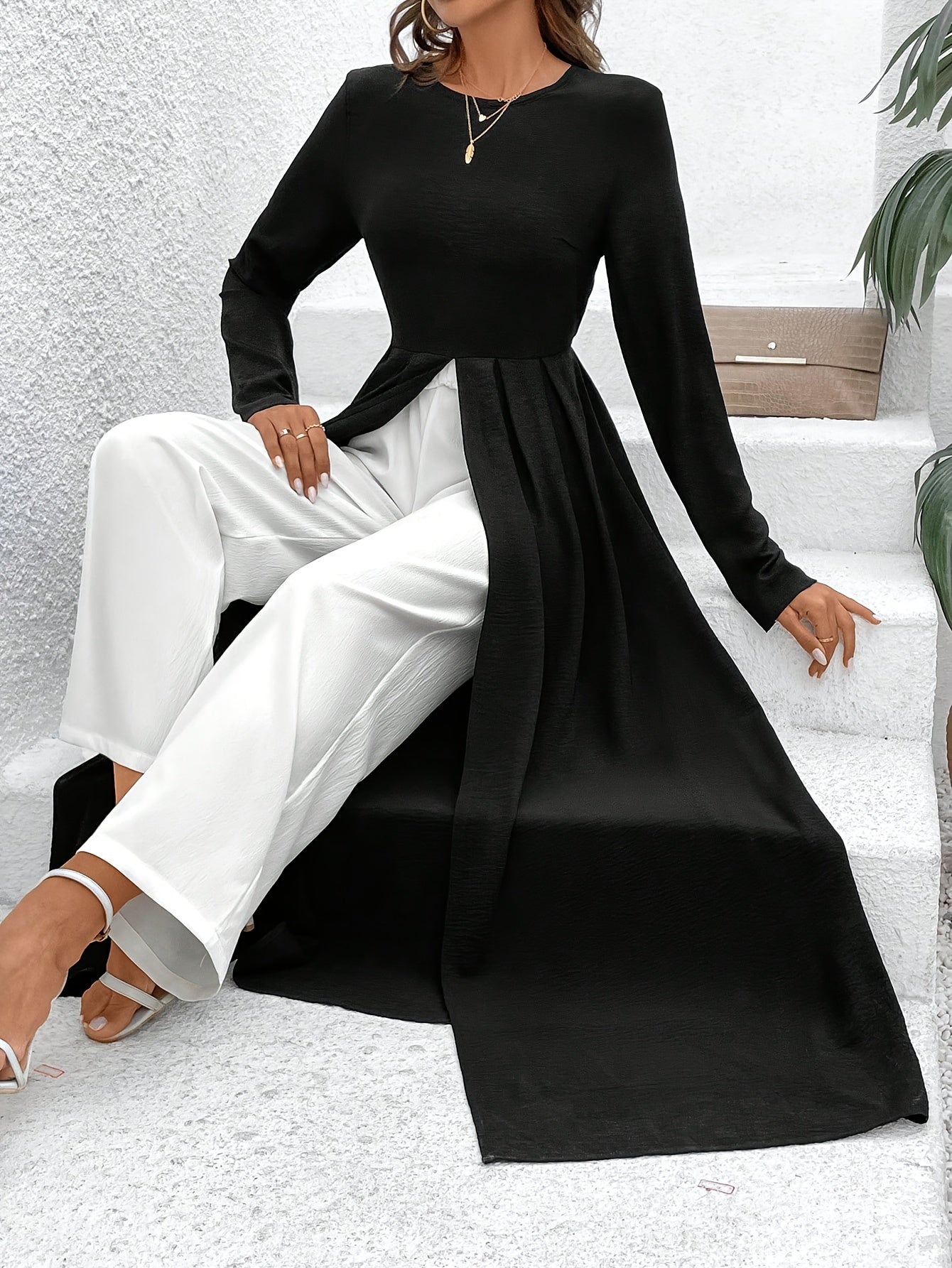 Elegant Color Block Pants Set, Long Sleeve Crew Neck Split Hem Ankle Length Top & Wide Leg Pants Outfits, Women's Clothing