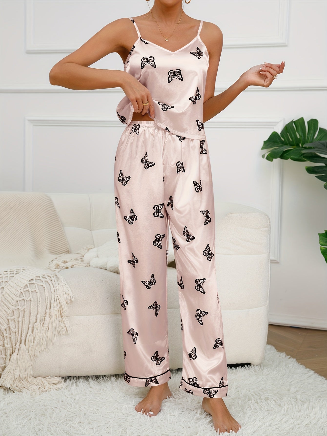 Butterfly Print Pajama Set, V Neck Cami Top & Elastic Waistband Pants, Women's Sleepwear & Loungewear