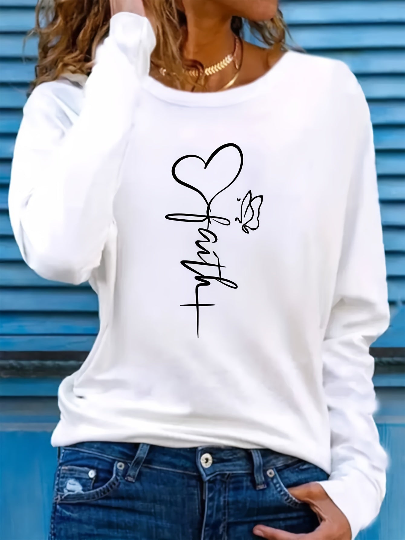 Butterfly & Heart Print Crew Neck T-Shirt, Casual Long Sleeve T-Shirt For Spring & Fall, Women's Clothing