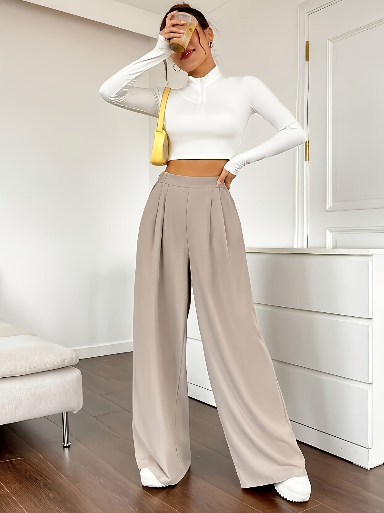 Solid Color High Waist Pants, Elegant Dual Pockets Wide Leg Pants For Spring & Summer, Women's Clothing