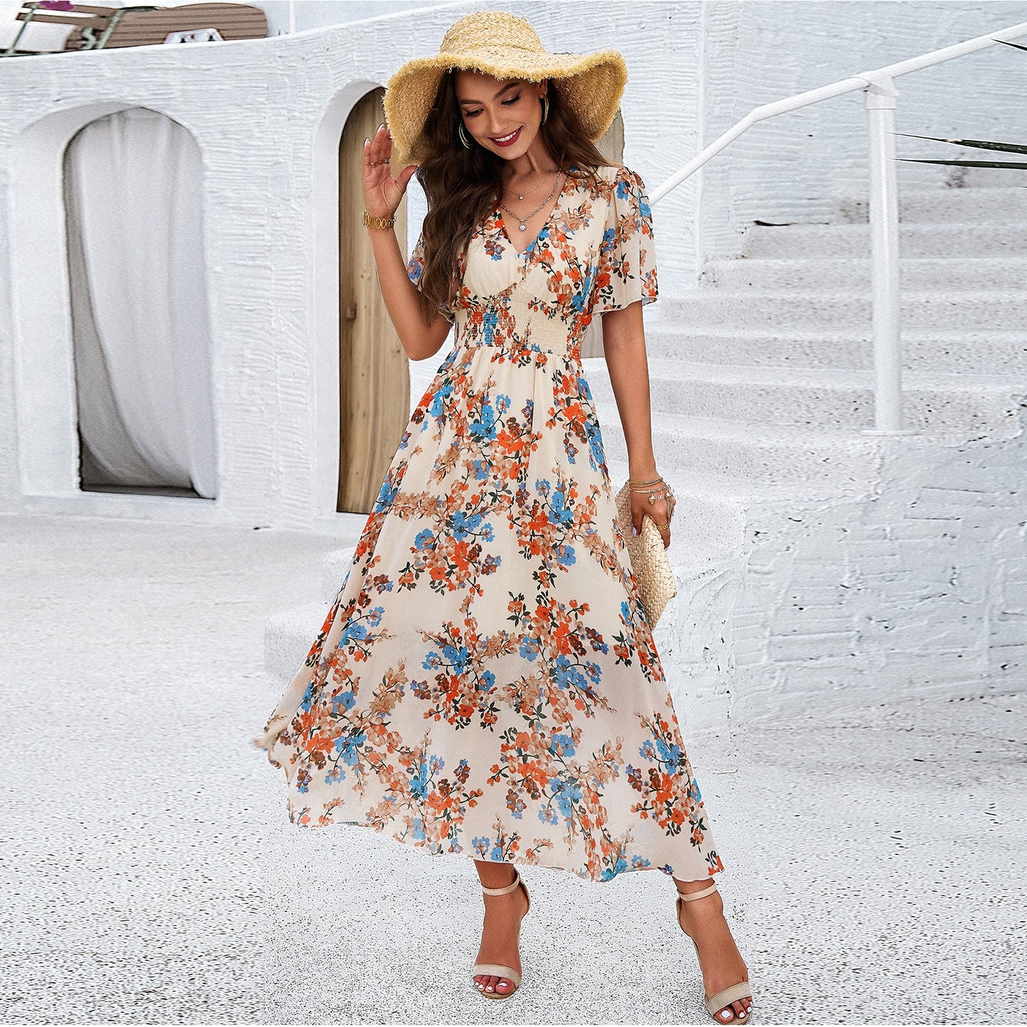 Kurzärmliges Kleid im Frühlings-/Sommerstil mit Print an der Taille für Damen