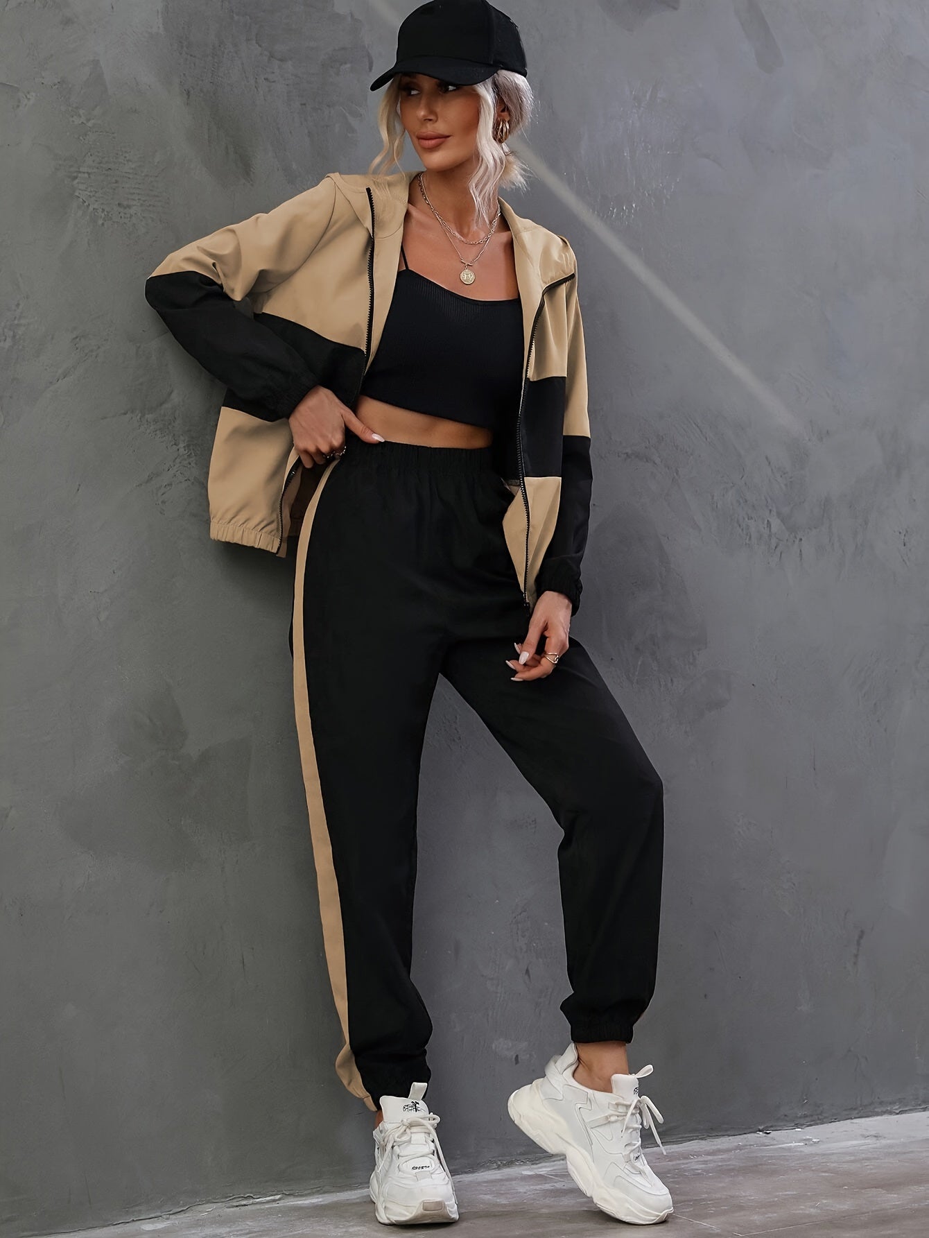 Color Block Stylish Set, Hooded Long Sleeve Zipped Jacket & Fitted Bottom Pants, Women's Clothing