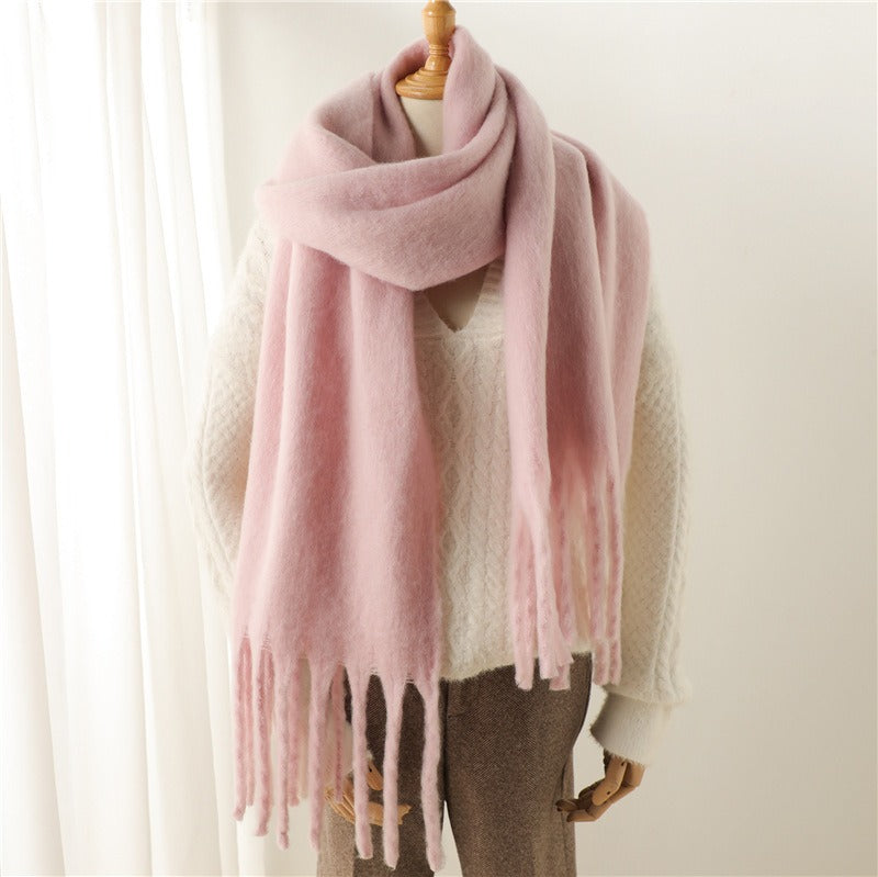 Mohair Scarf Solid Color Versatile Winter Warmth Lengthened Tassel Neck Scarf for Men and Women with Thick Beads Scarf - Mammalook