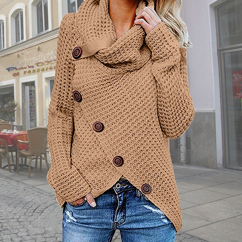 Women Turtleneck Knitted Sweaters Autumn Winter Solid Irregular Hem Long Sleeve Pullover Jumper Fashion Button Loose Sweater