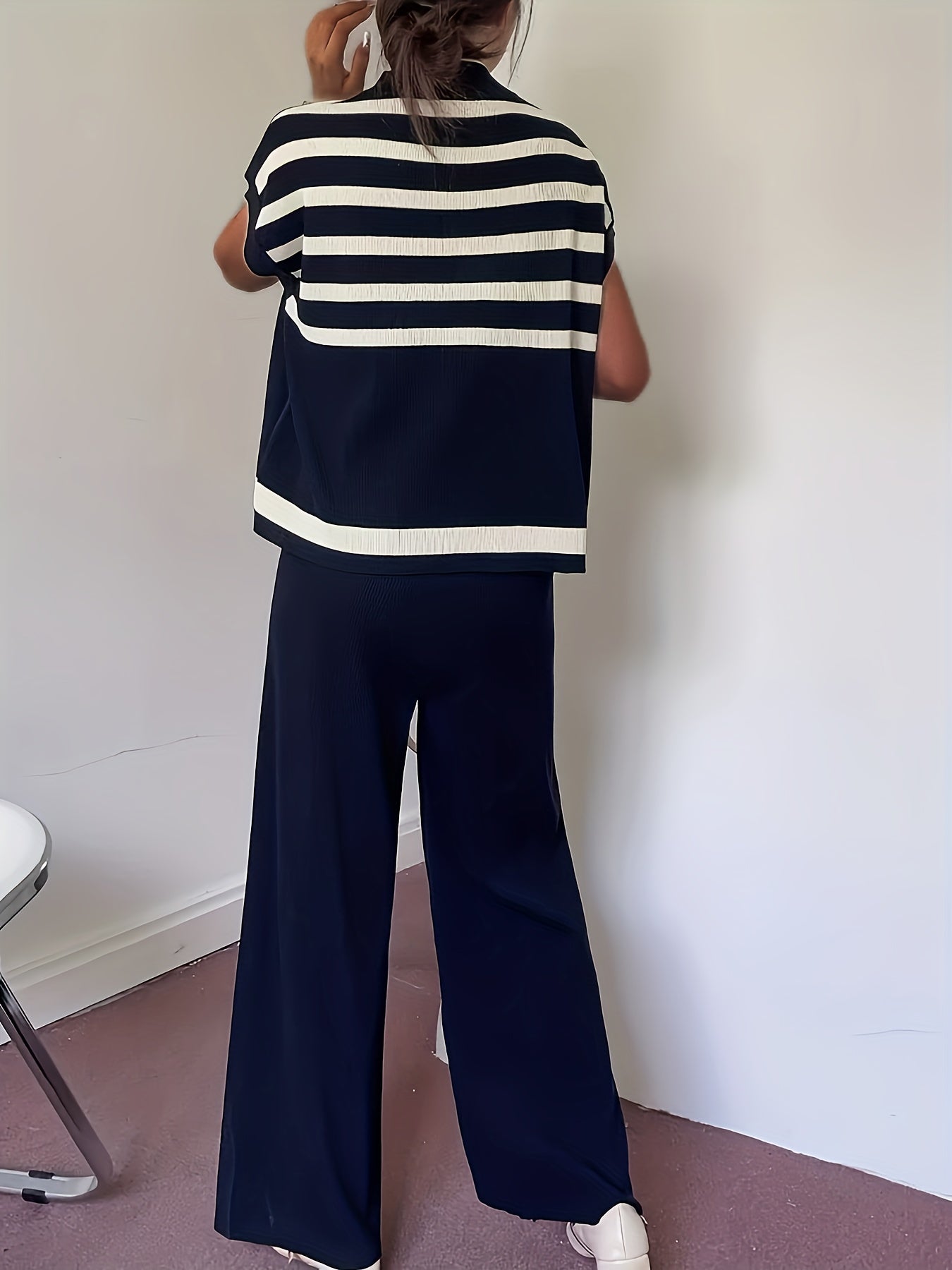 Striped Print Elegant Pantsuit for Women - Crew Neck, Micro Elasticity, Viscose Material, Wide Leg, Batwing Sleeve, Knit Fabric - Perfect for Spring and Summer Outfits