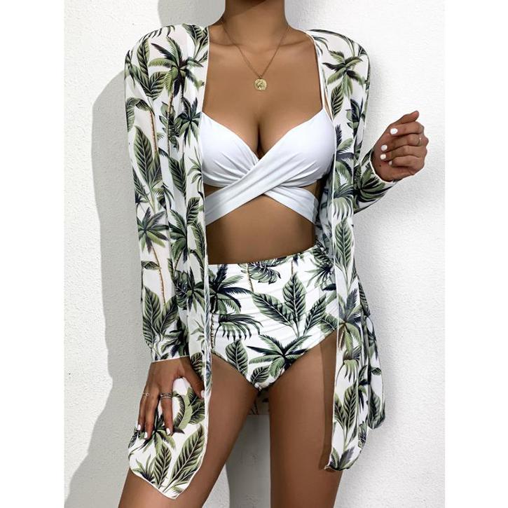 New Sexy Three Pieces Bikini Set Cover Up Swimwear Women Swimsuit Print Long Sleeve Bathing Suit Beachwear Swimming Biquini