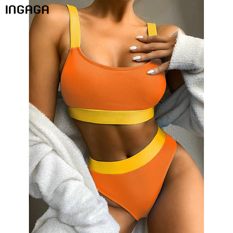 High Waist Bikinis Swimsuits Bandeau Swimwear Women Splicing Biquini Beachwear Sports Ribbed Bathing Suits New