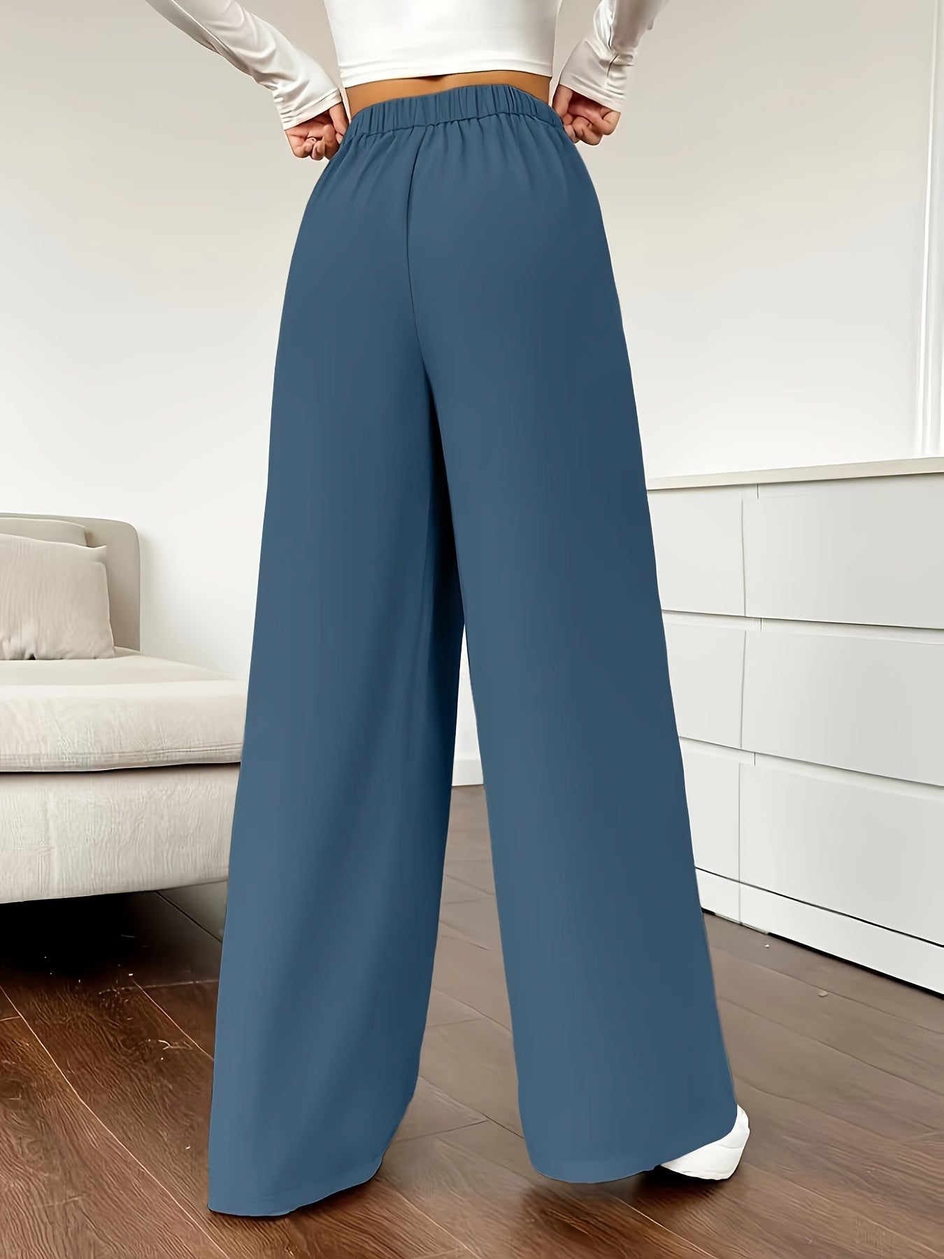 Solid Color High Waist Pants, Elegant Dual Pockets Wide Leg Pants For Spring & Summer, Women's Clothing