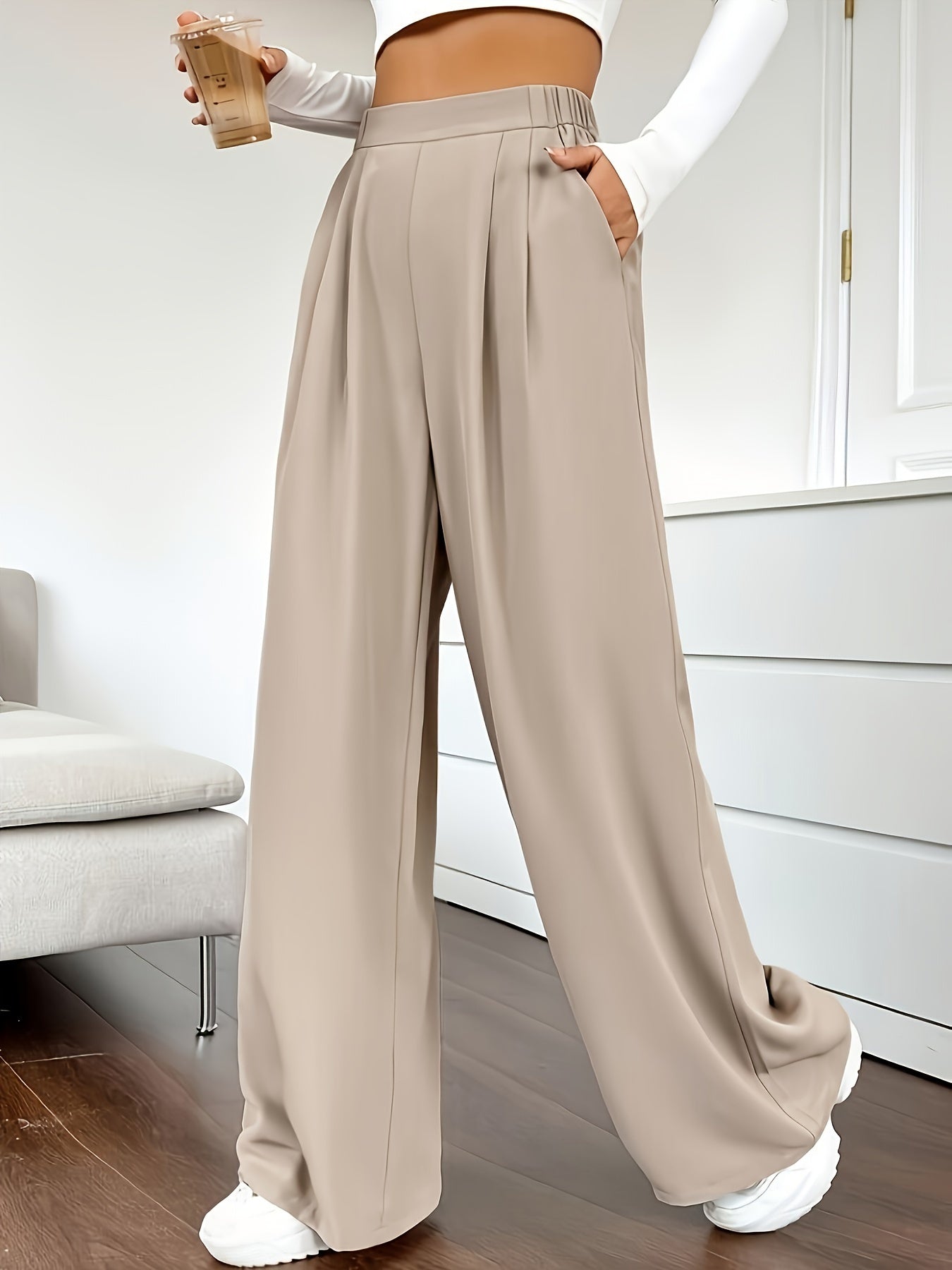 Solid Color High Waist Pants, Elegant Dual Pockets Wide Leg Pants For Spring & Summer, Women's Clothing