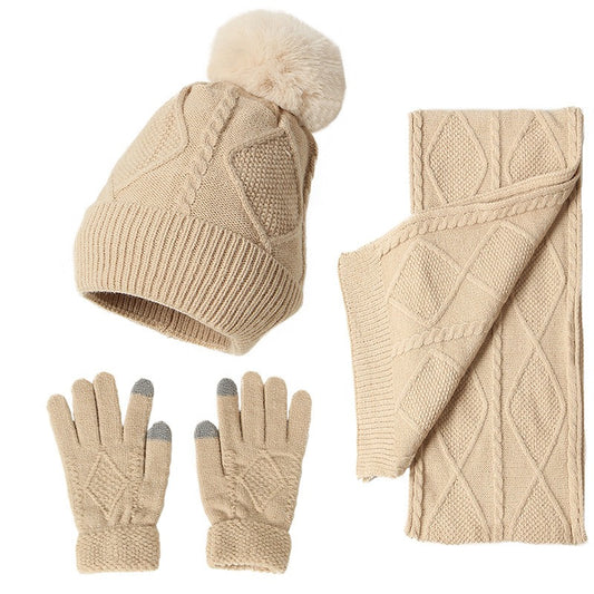 Autumn and Winter Woolen Hat, Scarf, and Gloves Set