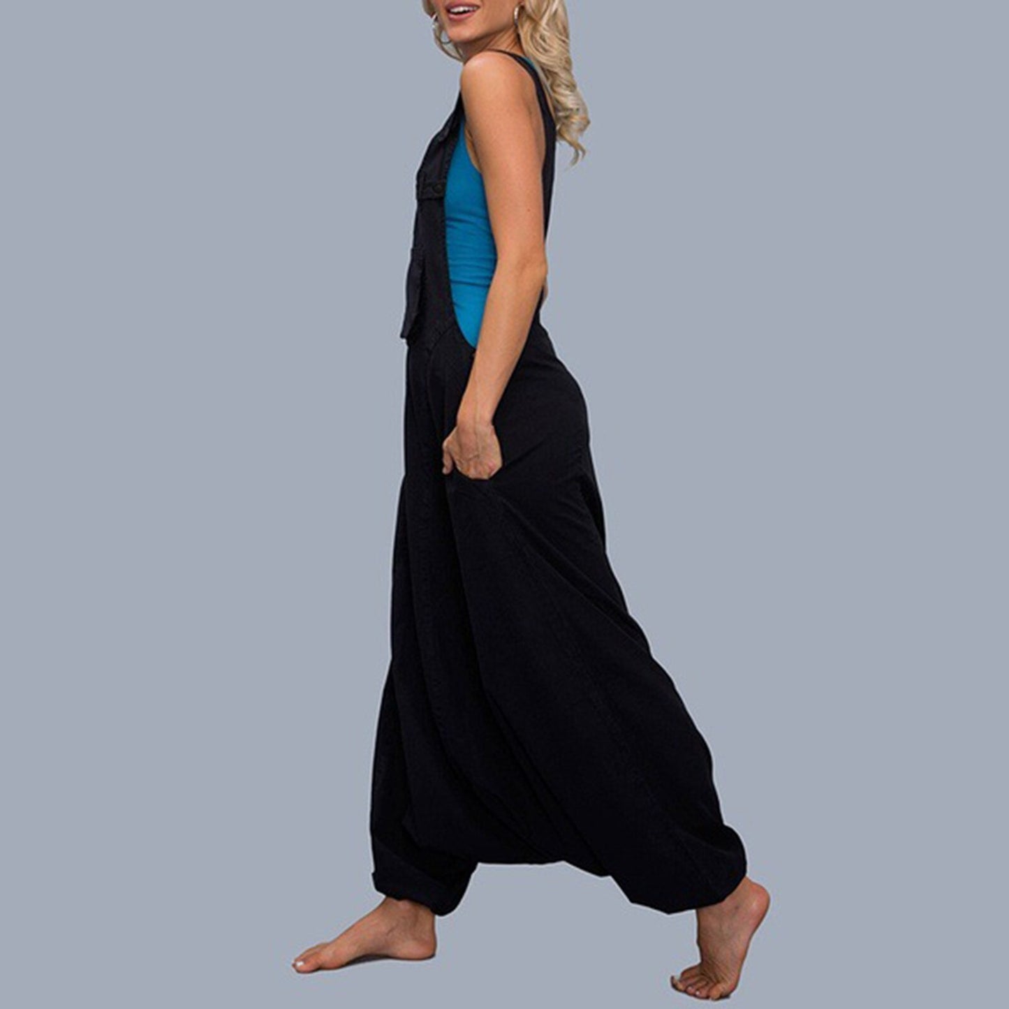 Lockere Jumpsuits für Damen, Haremshose, weite Hose, ärmellos, Taschen, Latz-Overall, siamesische Hose für Damen, große Größe S-2XL