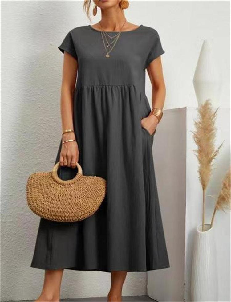 Solid color sleeveless loose pocket cotton linen dress