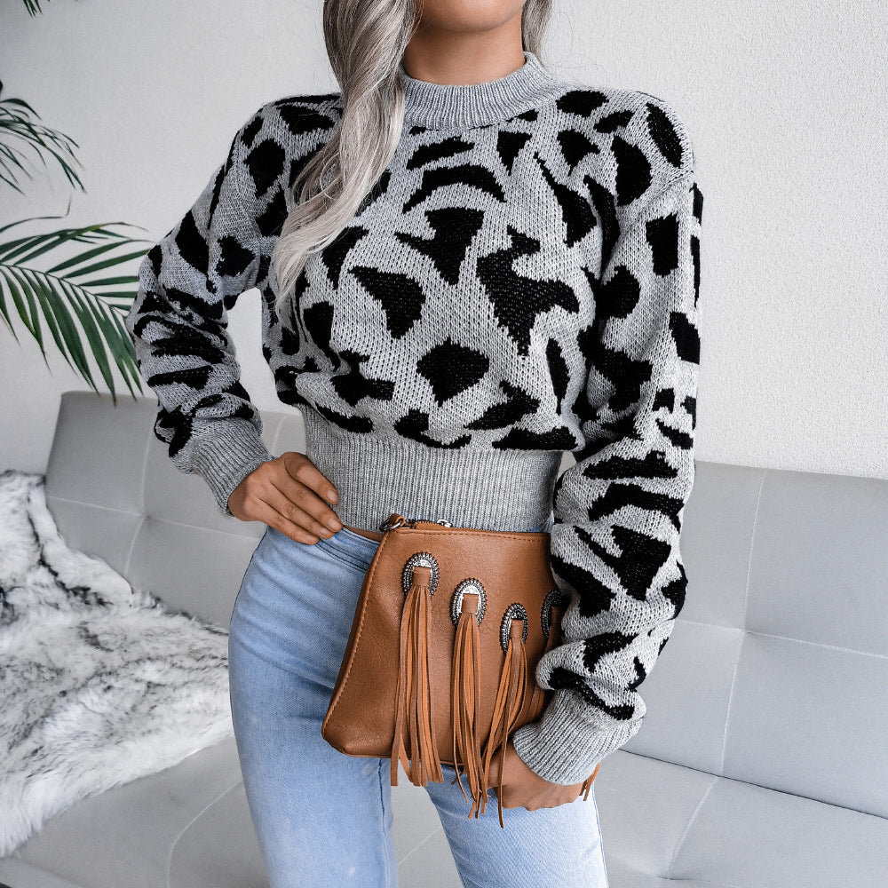 Tatsächliches Bild Herbst und Winter Casual Leopard Print Taille Strick Open Neck Pullover