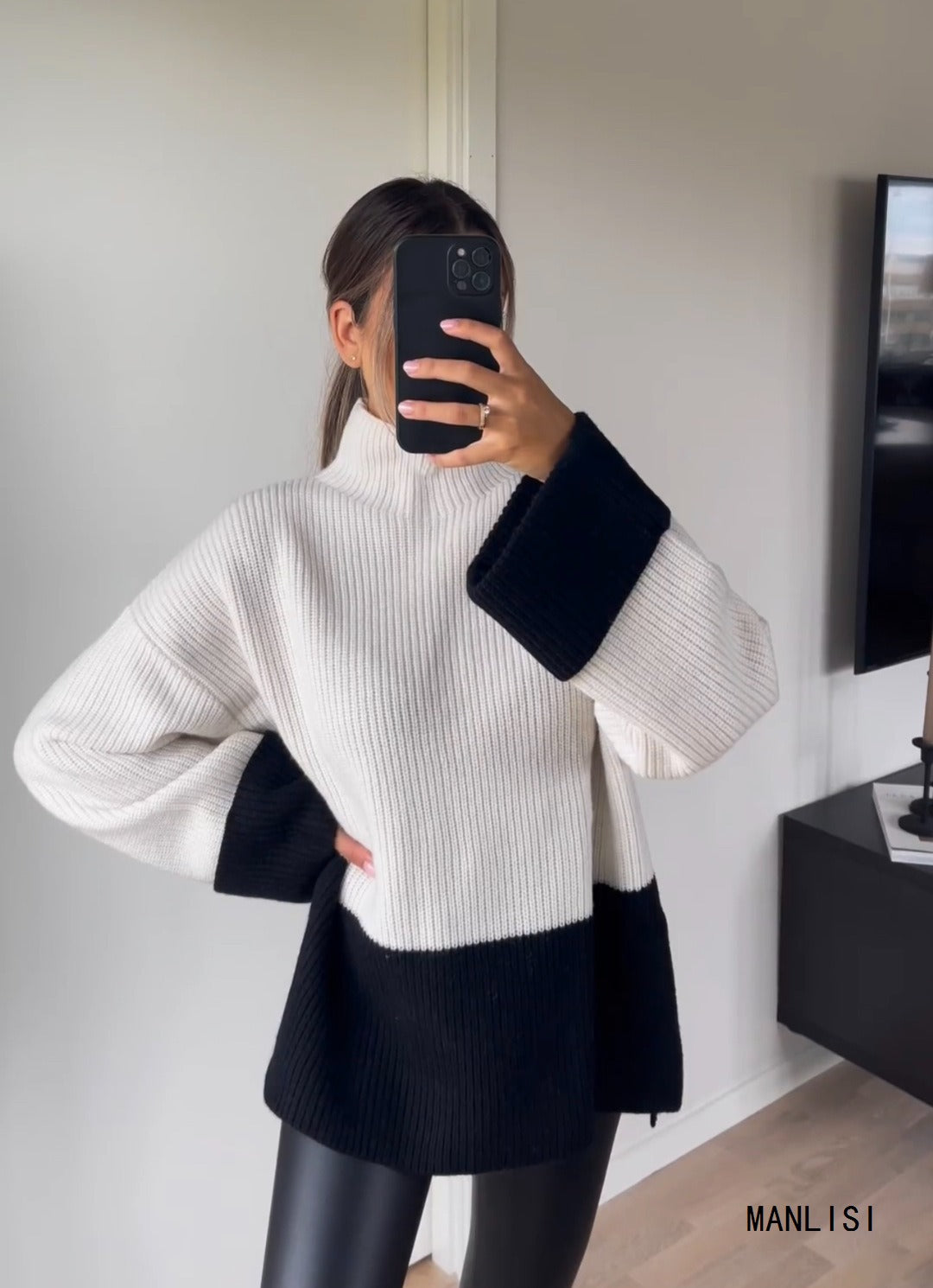 Women Knitted Patchwork Sweaters Slim Pullovers Mock Neck Long Sleeve Female Top