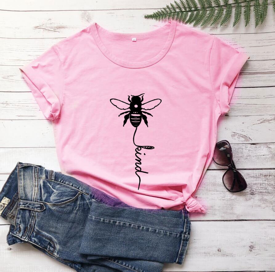 Cotton T Shirt Bee Kind Print Women Short Sleeve O Neck Loose Tshirt Summer Tee Shirt Tops