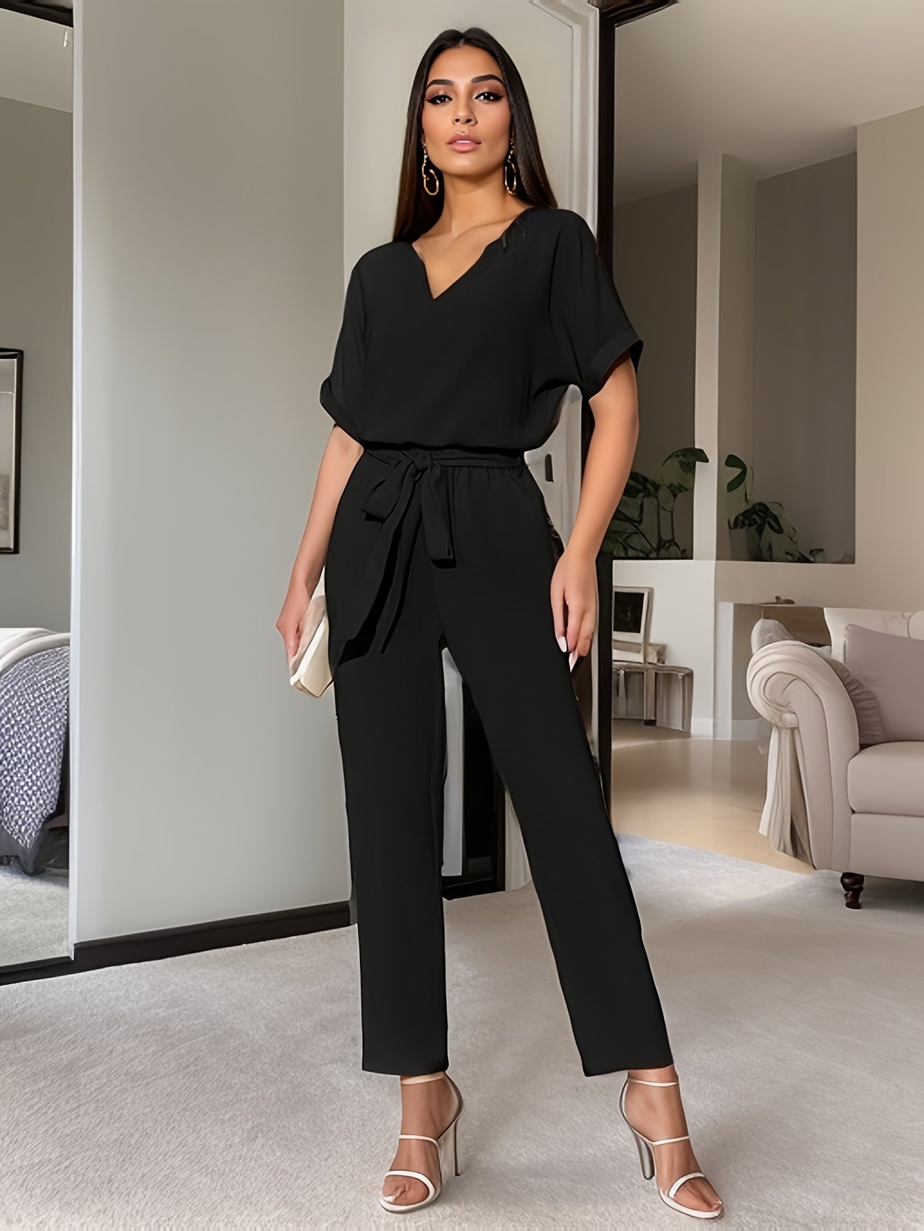 Elegant Solid Color Pants Set, Notched Neck Short Sleeve Blouse & Belted Straight Leg Simple Pants, Women's Clothing