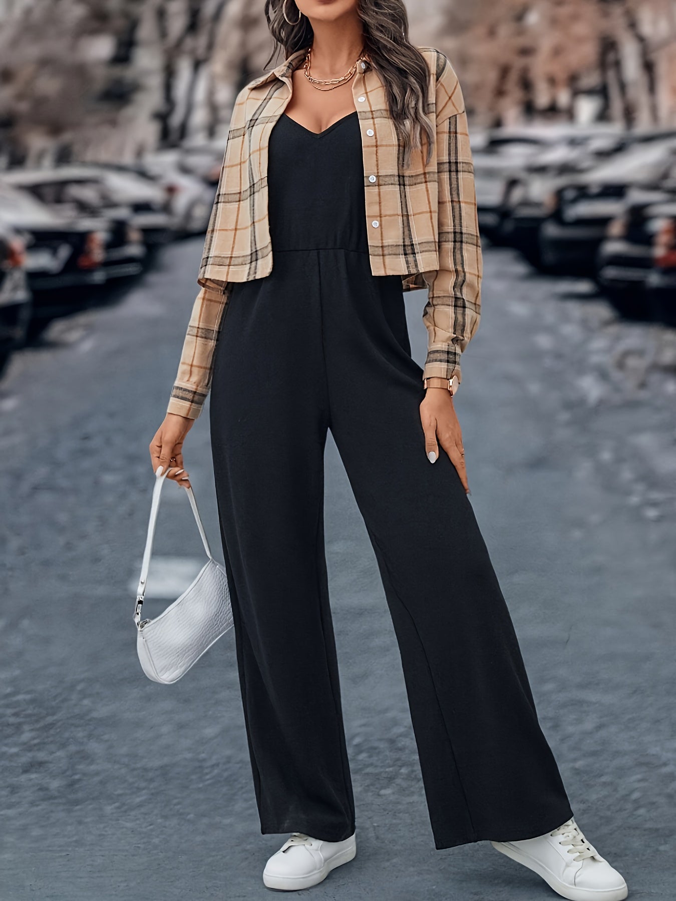 Women’s Casual Two-Piece Set: Plaid Button-Front Shirt & Solid Wide-Leg Jumpsuit - Mammalook