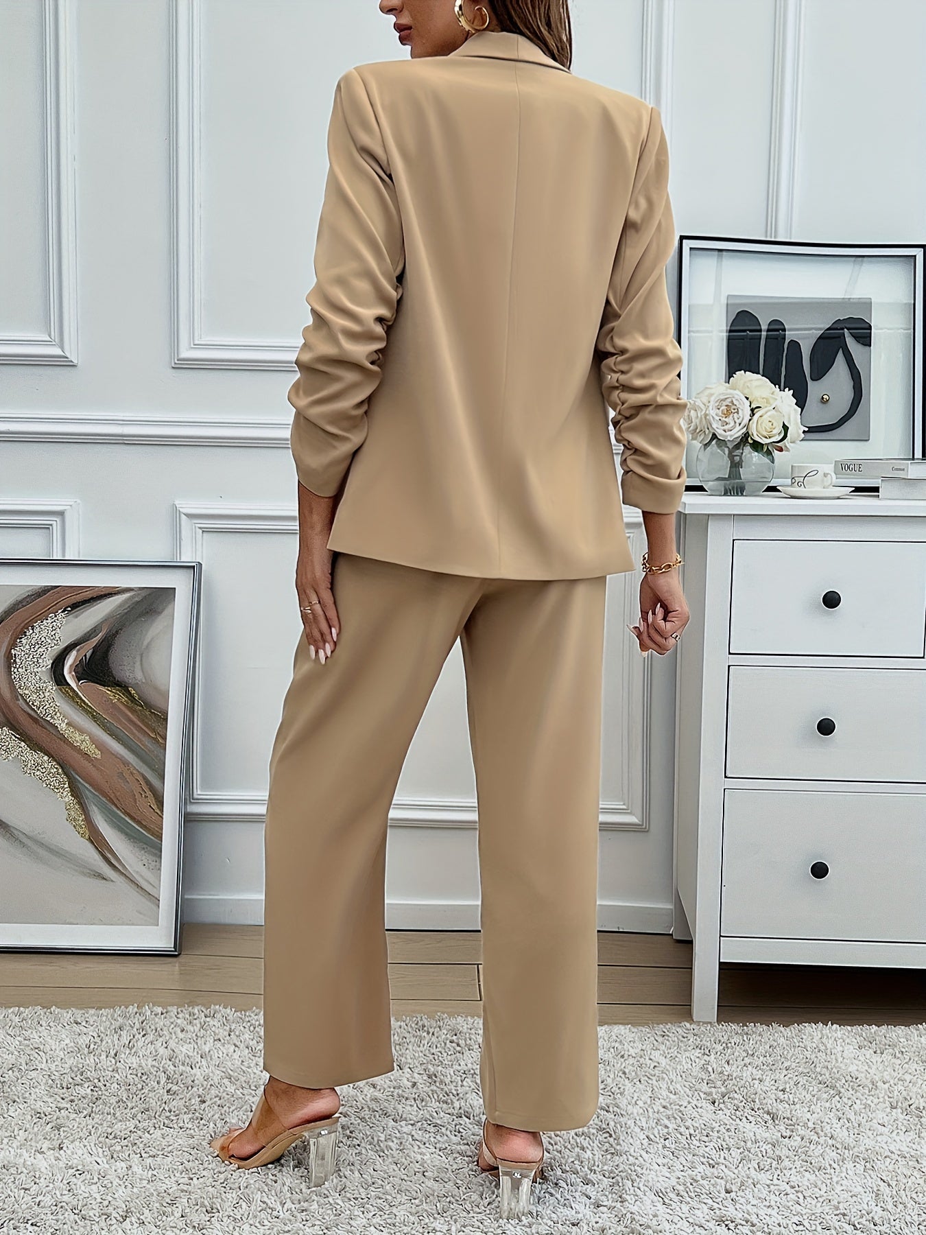 Solid Color Stylish Pantsuits, Lapel Long Sleeve Open Front Blazer & High Waist Straight Leg Pants Outfits, Women's Clothing