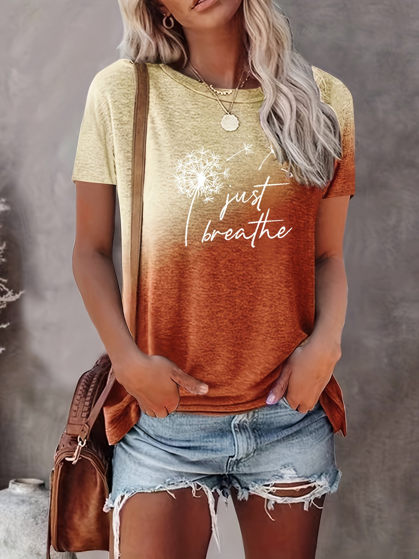 Just Breathe & Dandelion Print T-shirt, Casual Crew Neck Short Sleeve Top, Women's Clothing