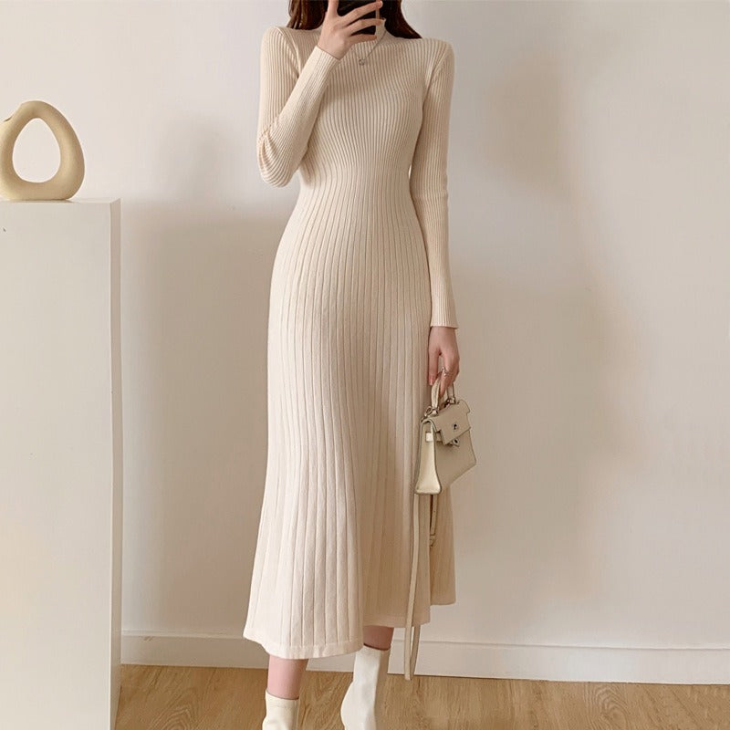 Mid length knee length sweater skirt with a half high collar and a bottom A-line knitted dress for women - Mammalook