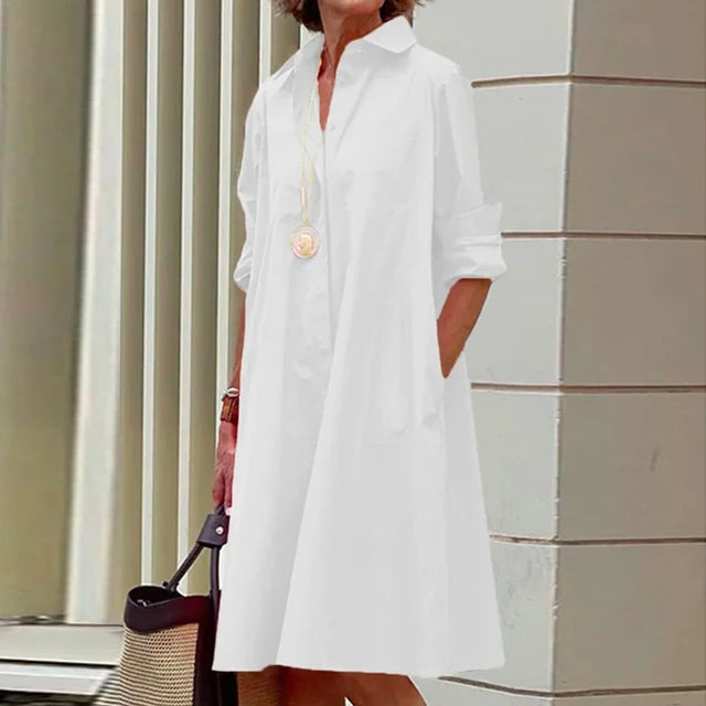 Shirt Dress - Casual Solid Color Long Sleeves with Turn-Down Collar